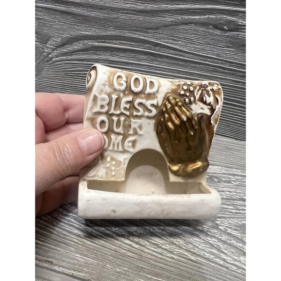 Vintage God Bless Our Home Praying Hands Matchstick Holder Enesco Japan - Picture 2 of 7